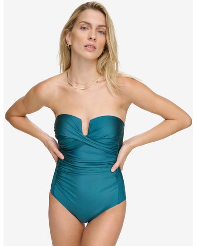 Calvin Klein Shirred Tummy-control Split-cup Bandeau One-piece Swimsuit - Blue