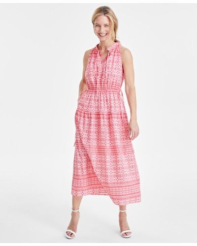 Anne Klein Sleeveless Halter-neck Cotton Midi Dress - Pink