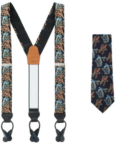 Trafalgar Birds Of Prosperity Silk Button End Suspenders And Necktie Set - Black