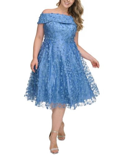 Eliza J Plus Size 3d Floating Flowers Off-the-shoulder Midi Dress - Blue