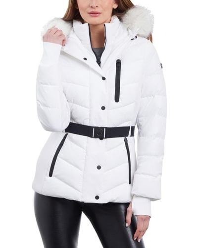 Michael Kors Belted Faux-fur-trim Hooded Puffer Coat - White