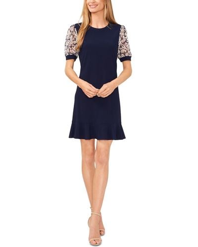 Cece Mixed Media Sheer Floral Puff Sleeve Knit Dress - Blue