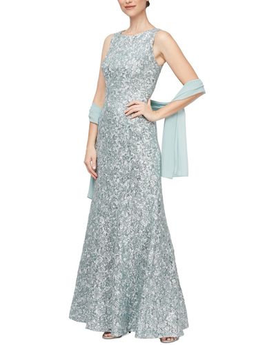 Alex Evenings Petite Allover-sequin Fit & Flare Gown & Shawl - Blue