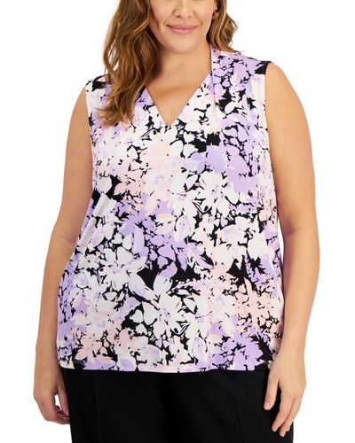 Kasper Plus Size V-neck Sleeveless Floral-print Top - Multicolor