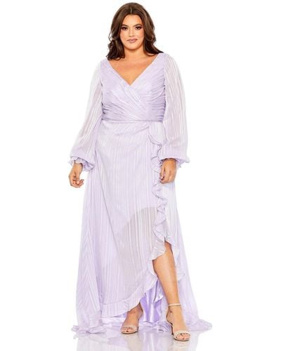 Mac Duggal Plus Size Striped Faux Wrap Bishop Sleeve Gown - White
