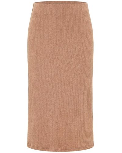 Nanas Mid-rise Knitted Midi Skirt Of Premium Stretchy Fabric - Brown