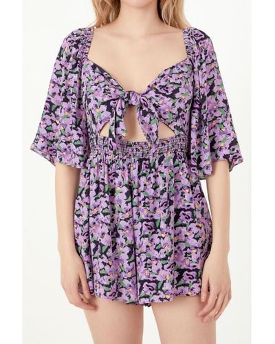 Free the Roses Front Tie Detail Romper - Purple