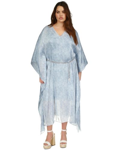 Michael Kors Plus Size Printed Belted Poncho - Blue