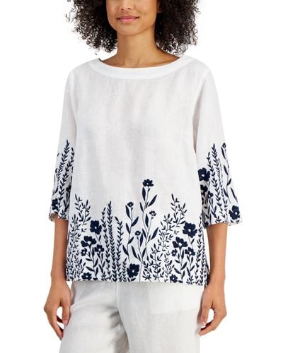 Charter Club 100% Linen Embroidered 3/4-sleeve Top - White