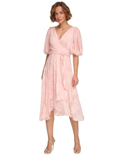 DKNY Floral-jacquard Faux-wrap Dress - Pink