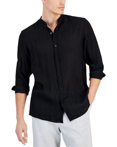 Alfani Regular-fit Crinkled Button-down Band-collar Shirt - Black