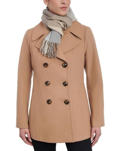 London Fog Double-breasted Wool Blend Peacoat & Plaid Scarf - Natural