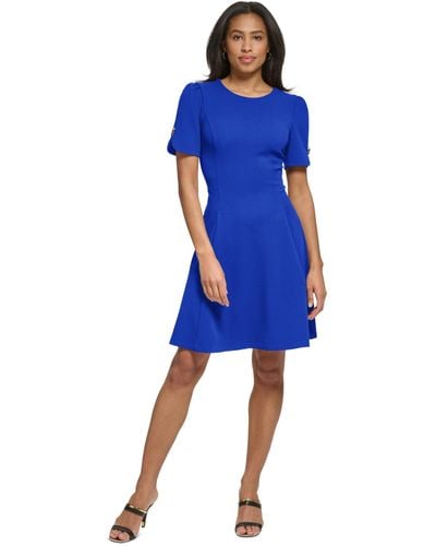 DKNY Button-detail Short-sleeved Fit & Flare Dress - Blue