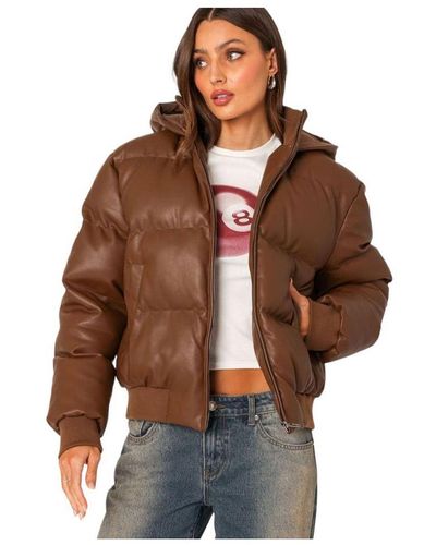 Edikted Wintry Faux Leather Hooded Puffer Jacket - Brown