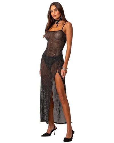 Edikted Sheer Micro Sequin Slitted Maxi Dress - Brown