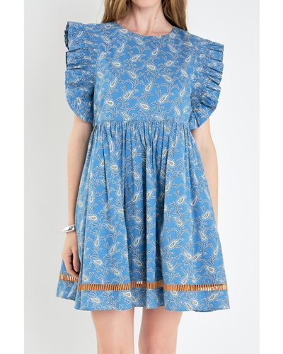 English Factory Paisley Print Ruffle Sleeve Mini Dress - Blue