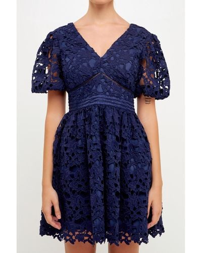 Endless Rose Crochet Lace Puff Sleeve Mini Dress - Blue