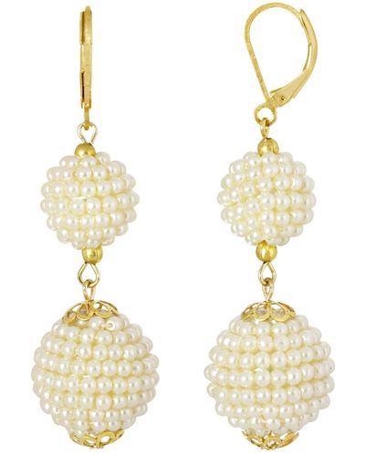 2028 Gold-tone Double Seeded Imitation Pearl Drop Ball Earrings - Metallic