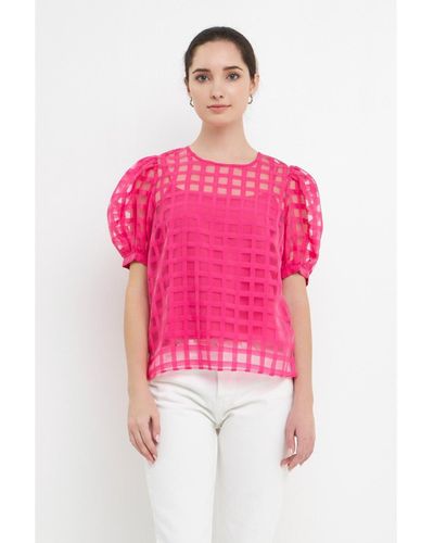 English Factory Plaid Sheer Puff Sleeve Top - Pink
