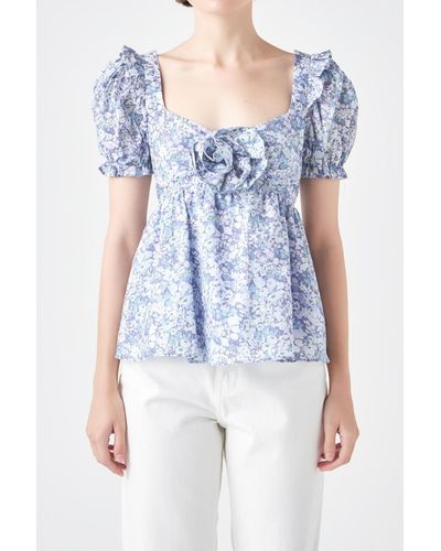 English Factory Floral Print Top With Flower - Blue
