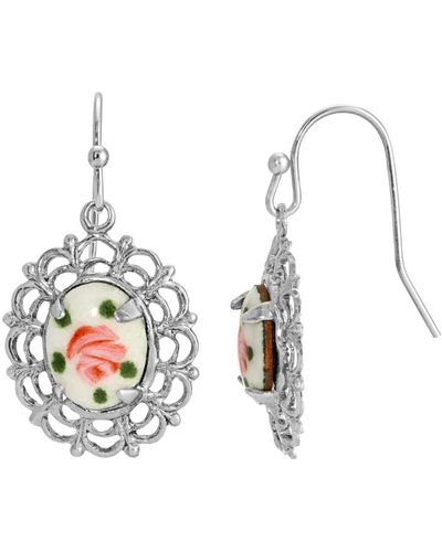 2028 Glass Flower Decal Oval Drop Earrings - Metallic