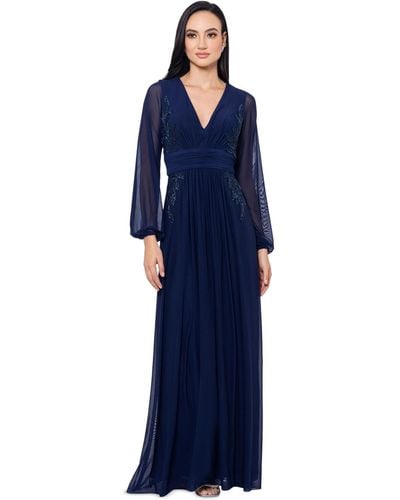 Betsy & Adam V-neck Embroidered Chiffon Gown - Blue
