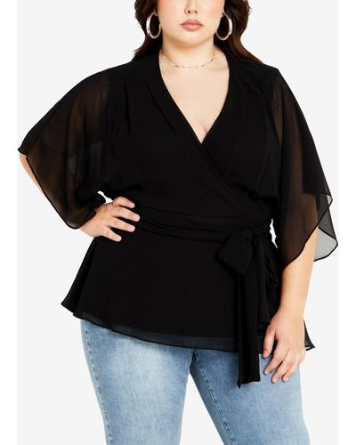 City Chic Trendy Plus Size Elegant Faux Wrap Short Sleeve Top - Black