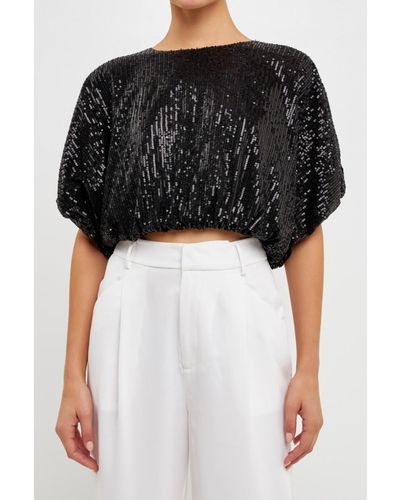 Endless Rose Sequins Cropped Puff Top - Black