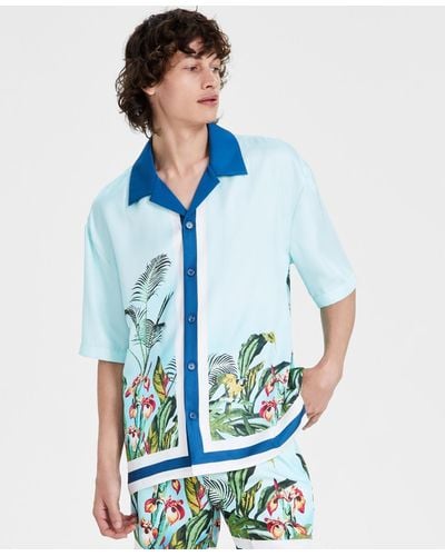 INC International Concepts Thom Regular-fit Tropical-print Button-down Camp Shirt - Blue