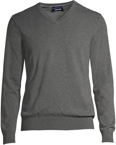 Lands' End Tall Classic Fit Fine Gauge Supima Cotton V-neck Sweater - Gray