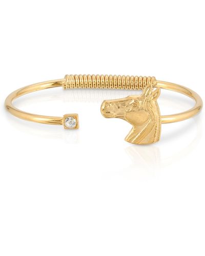 2028 14k Gold-tone Dipped Clear Crystal And Horse Accent Hinge Bracelet - White
