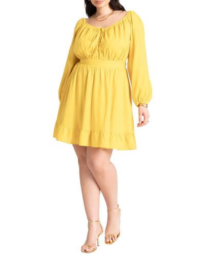 Eloquii Plus Size Puff Sleeve Linen Mini Dress - Yellow