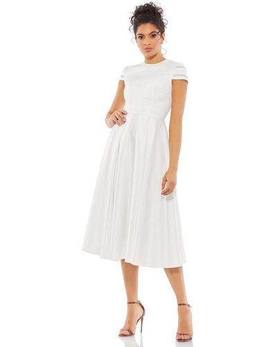 Mac Duggal Ieena High Neck Cap Sleeve Tea Length Dress - White