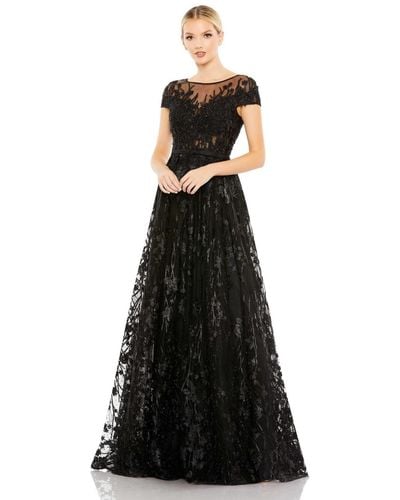Mac Duggal Embellished Floral Cap Sleeve A Line Gown - Black