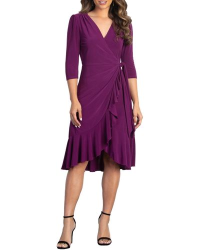 Kiyonna Whimsy Ruffled Knee Length Wrap Dress - Purple