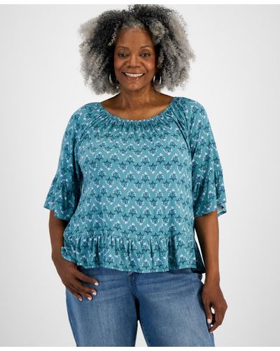Style & Co. Plus Size Printed On/off-the-shoulder Knit Top - Blue