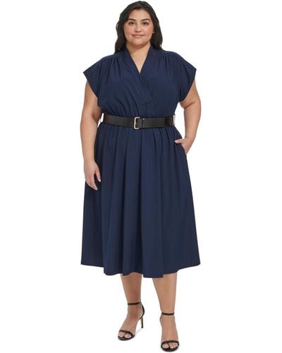 Calvin Klein Belted Cap-sleeve Midi Dress - Blue