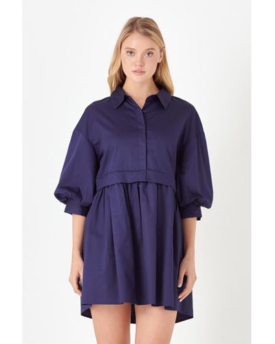 English Factory Puff Sleeve Shirt Dress - Blue