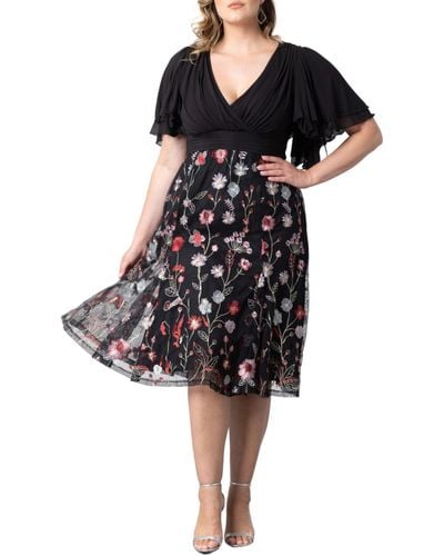 Kiyonna Plus Size Lillian Embroidered Mesh Midi Cocktail Dress - Black