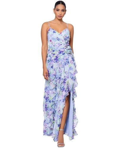 Xscape Floral-print Rosette Ruffled Gown - Blue