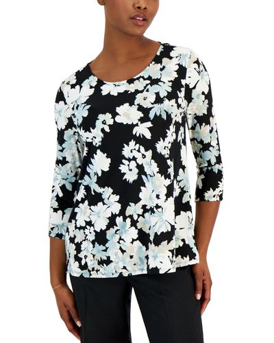 Ak Anne Klein Petite Floral Ruched-sleeve Top - White