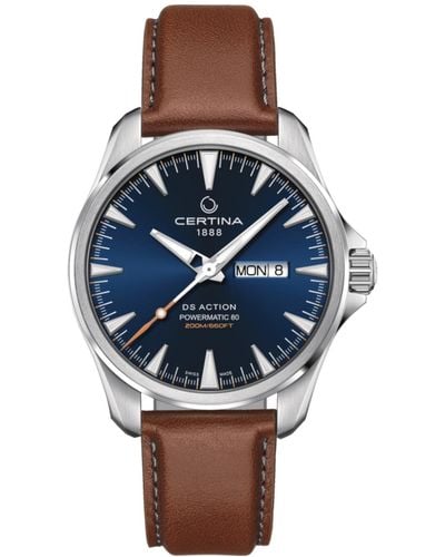 Certina Swiss Automatic Ds Action Brown Leather Strap Watch 41mm - Blue