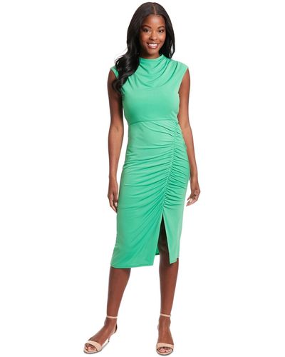 London Times Cowl Neck Ruched Midi Dress - Green