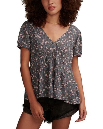 Lucky Brand Floral-print Wide-smocked Short-sleeve Top - Black