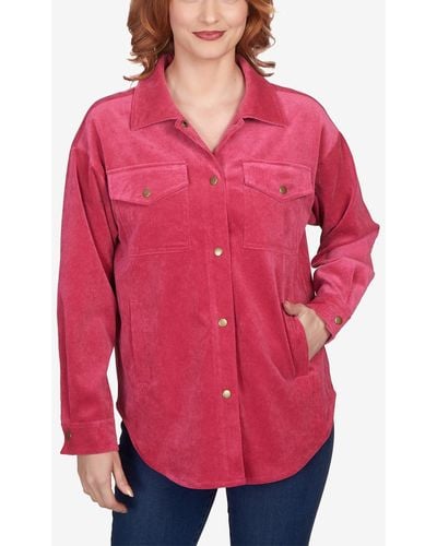 Ruby Rd. Petite Button Up Solid Corduroy Shacket - Red
