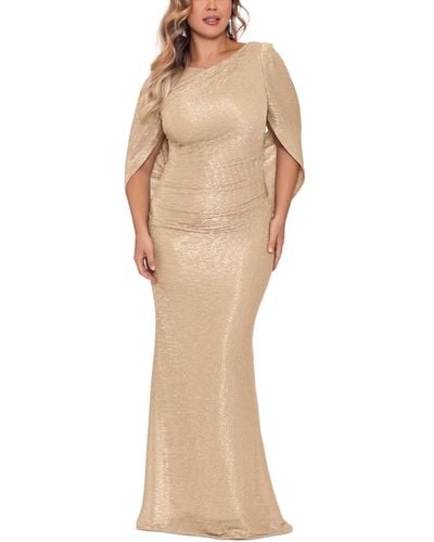 Betsy & Adam Plus Size Cape Back Metallic Gown - Natural
