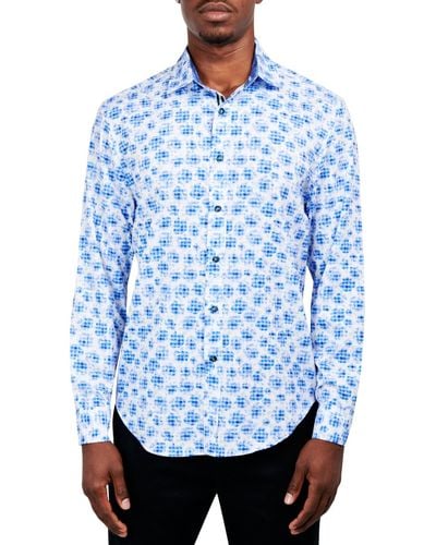Society of Threads Slim-fit Performance Stretch Abstract Floral/gingham Long-sleeve Button-down Shirt - Blue