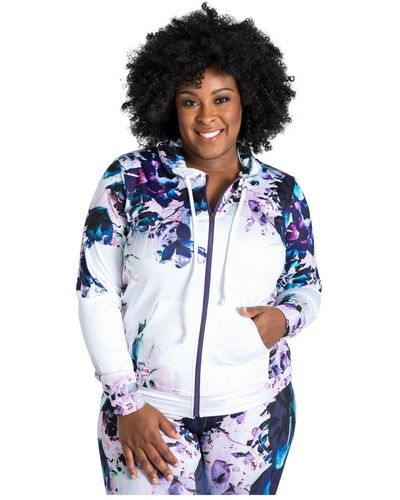 Poetic Justice Plus Size Curvy-fit Zip-up Floral Print Poly Tricot Hoodie - Blue