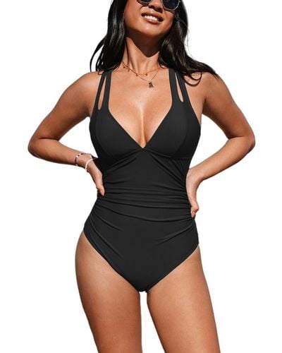 CUPSHE Release Happiness Ruched Cross Back One Piece Swimsuit - Black