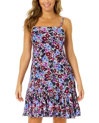 Anne Cole Floral-print Ruffle Cover-up Dress - Blue